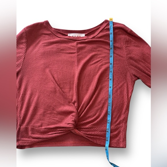 Women’s Burgundy Ribbed Long Sleeve Crop Top w/ Knotted Front | Size Small - Picture 6 of 10